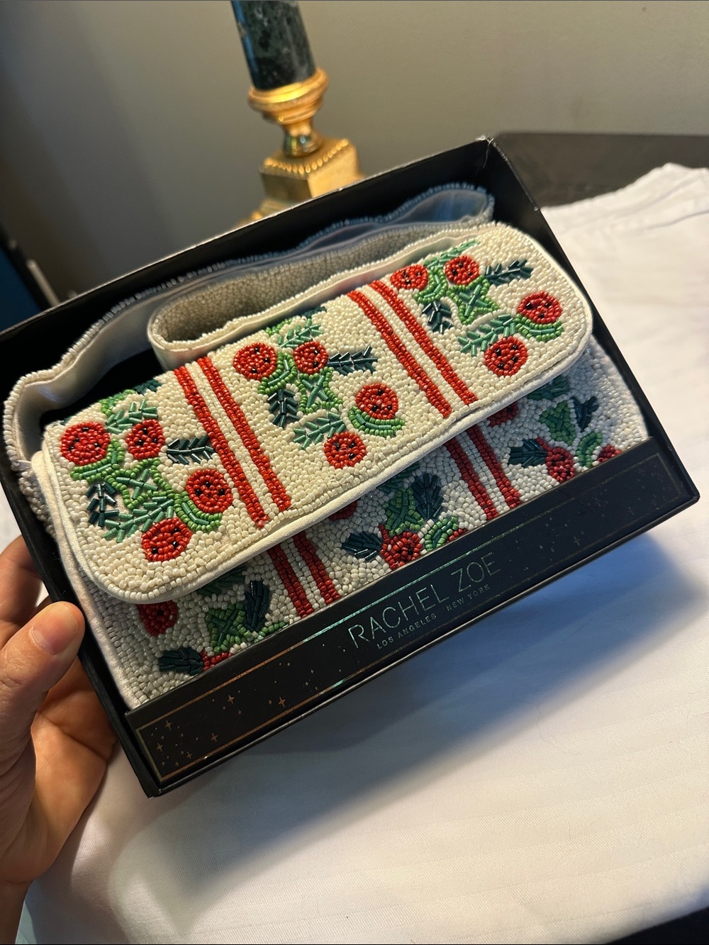 Rachel Zoe Cream Beaded Floral Crossbody Belt Bag with Red and Green Accents